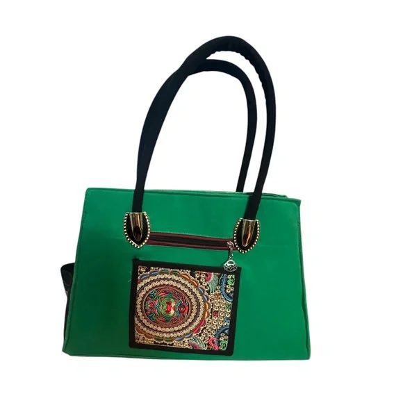 Handcrafted Floral Embroidered Shoulder Green Tote Bag – Unbranded, New - Picture 4 of 11